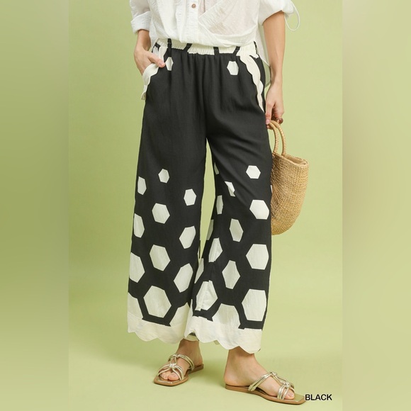Umgee Pants - Umgee Hexagon Print Wide Leg Pants with Scalloped Hem 10010031706